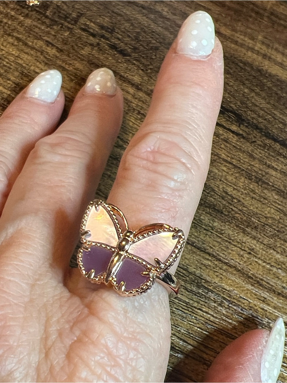 Gold Butterfly Ring with Purple and Light Blue Inlay